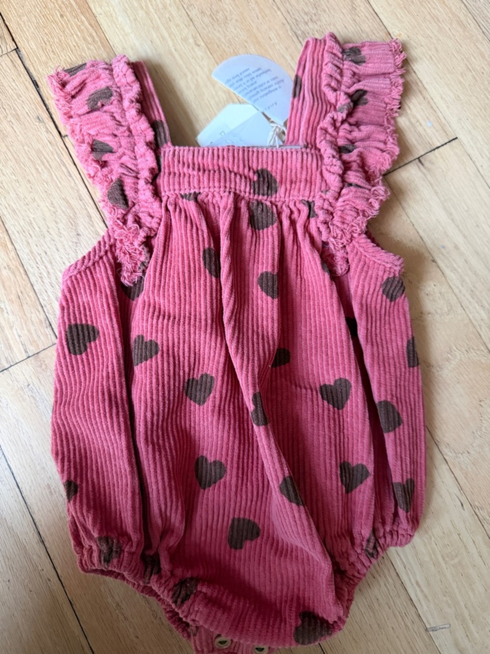 Piupiuchic Pink Corduroy Baby Romper with Brown Heart Print
